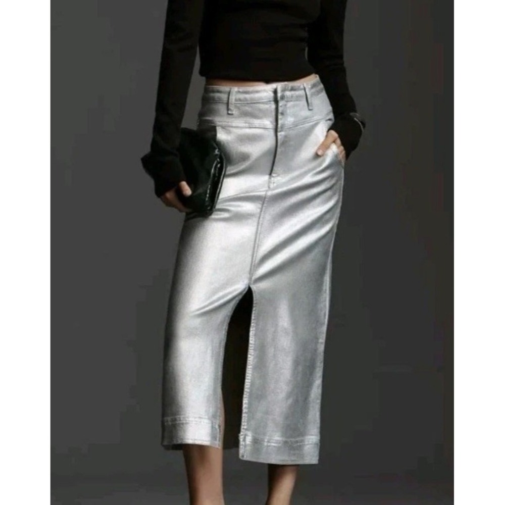 Pilcro Anthropologie Silver Metallic Skirt Sz 6 Structured Column Midi - Picture 1 of 9